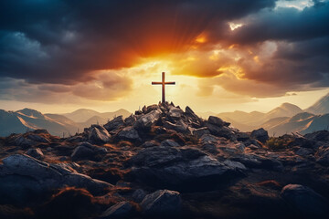 silhouette christian cross on a hill or mountain against sundown - 673464666