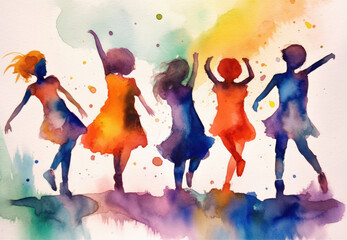 Girls hold hands a dance and run together, in a beautiful watercolour style painting — isolated on a white background, in rich lush color. Minimalist watercolour. - obrazy, fototapety, plakaty