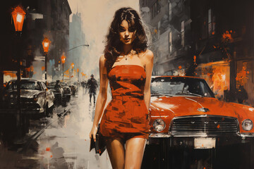 Portrait of a beautiful fashionable woman with a hairstyle, in red dress, on a city street, vintage car, in the evening. Streetlights reflected from wet road. - obrazy, fototapety, plakaty