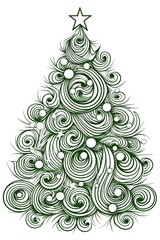 Christmas Tree with star baubles graphic illustration pattern stylised green swirl vector print card distinct wallpaper wrapping