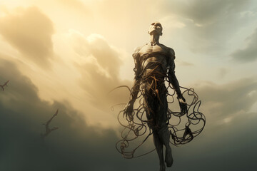 a man rises up to the sky, breaking away from chains, dark dramatic background