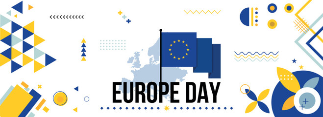 Europe national or independence day banner design for European celebration. Flag and map of Europe Union with modern retro design and abstract geometric icons. Vector illustration © Smix Ryo 