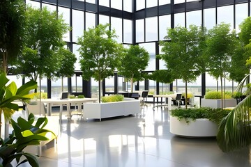 a large planter filled with plants in an office lobby - obrazy, fototapety, plakaty