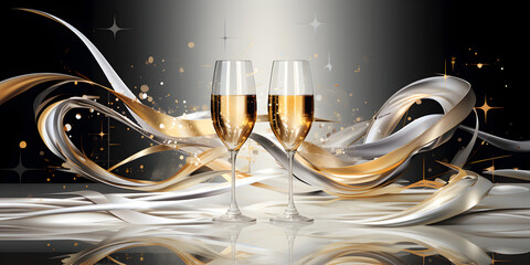 Glowing Glasses on a Sparkling Background - Party Time, Copy Space, concept of new year, christmas, gift giving
