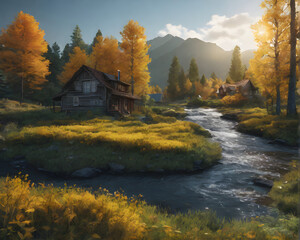 Autumn Forest by the River and Towering Mountains. generative AI