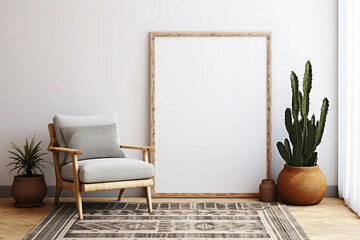 Vertical empty large frame for wall art mockup. Modern boho room with minimalist chair and houseplant. - obrazy, fototapety, plakaty