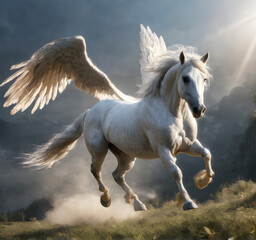 Graceful Pegasus - Mythical Winged Horse Soaring . generative AI