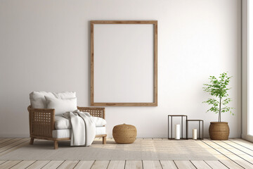 Vertical empty wooden frame for wall art mockup. Modern japandi living room with white chair and houseplant.