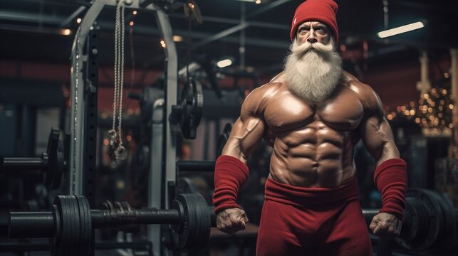 Close-up portrait of Santa Claus. Muscular bodybuilder in Santa suit with white fluffy beard shows off his muscles. Illustration for cover, card, postcard, interior design, banner, poster, brochure.