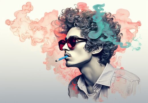 Close-up of the face of a handsome young man in sunglasses smoking a cigarette. Image of male model with stylish hairstyle in watercolor style. Avatar for social networks. Illustration for design.