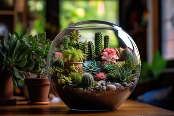 Foto op Aluminium The arrangement of a miniature indoor garden with a variety of plants, a mini cactus garden, a terrarium, and a hanging pothos, conveying the creativity of cultivating various home plants. © Regina
