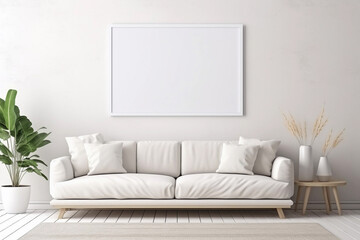 Horizontal empty frame for wall art mockup. Modern white living room with sofa, table and green houseplant. Contemporary interior.