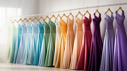 The boutique has long evening dresses for special occasions (wedding, graduation, banquet, anniversary). Assortment in a clothing store. The concept of sales and rent. Fashion illustration for ad.