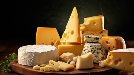A close-up of various cheeses in full screen mode. An assortment of cheese slices. Illustration for cover, card, postcard, interior design, banner, poster, brochure, advertising, marketing, etc.
