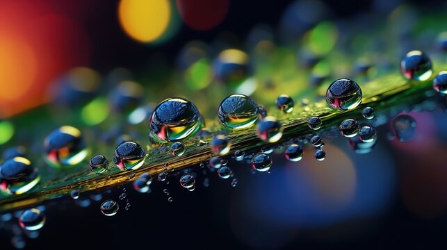 Close-up of a plant stem with many clear raindrops or dewdrops. Natural background. Illustration for cover, card, interior design, poster, brochure or presentation.