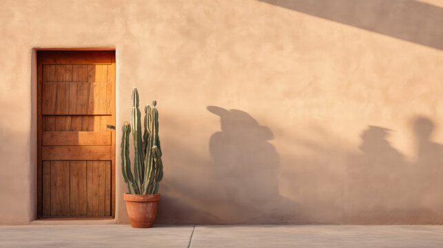 Potted cactus in front of an adobe wall with wood door