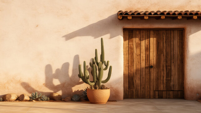 Potted cactus in front of an adobe wall with wood door
