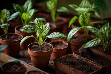 The potting of Aglaonema seedlings into decorative pots, with the freshly planted seedlings surrounded by potting soil and gardening tools, care and attention given to these home plants.