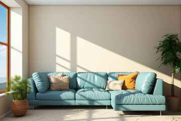 Large and bright living room with a huge window. Beige empty wall for mockups. Corner dusty blue sofa with pillows. Cozy modern interior.