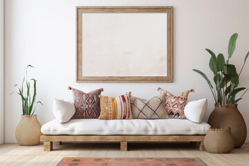 Horizontal empty frame for wall art mockup. Modern boho living room with sofa, beige pillows and green houseplant. Neutral interior.