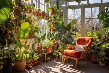 Fototapeta na wymiar A a sunny living room terrace filled with an array of potted houseplants, creating a vibrant and refreshing indoor garden, celebrating the vitality and health benefits of indoor greenery.