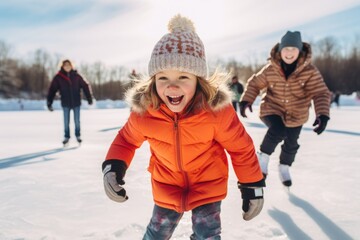 A playful child ice skating on a picturesque frozen pond, the grace and exhilaration of winter holiday activities.