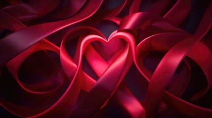 Fototapeta premium An abstract composition featuring intertwined ribbons of various shades of red and pink, forming heart shapes, representing the depth of love and connection on Valentine's Day.