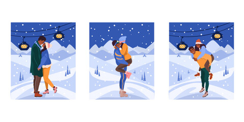 Naklejka premium Beautiful romantic couples in winter clothes, hugging and kissing. Ski resort romantic activities. A set of romantic Christmas postcards. 