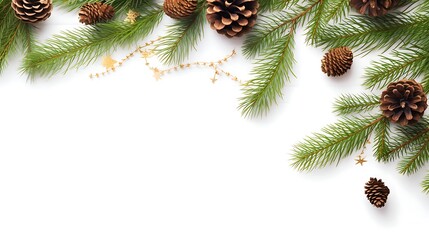 Fototapeta na wymiar Christmas background with xmas tree and fir cones on white wooden background. Space for text