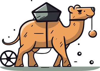 Cute cartoon camel with hat and rope. Vector illustration in flat style.