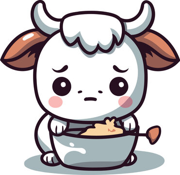 Cute little cow with a bowl of soup. Vector illustration.