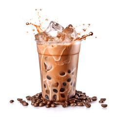 Iced coffee in glass splashing with drops, ice cubes, beans, cold drink, beverage 
