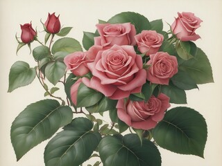 a painting of a pink rose with green leaves