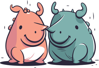 Cute cartoon rhinoceros and bull. Vector illustration.