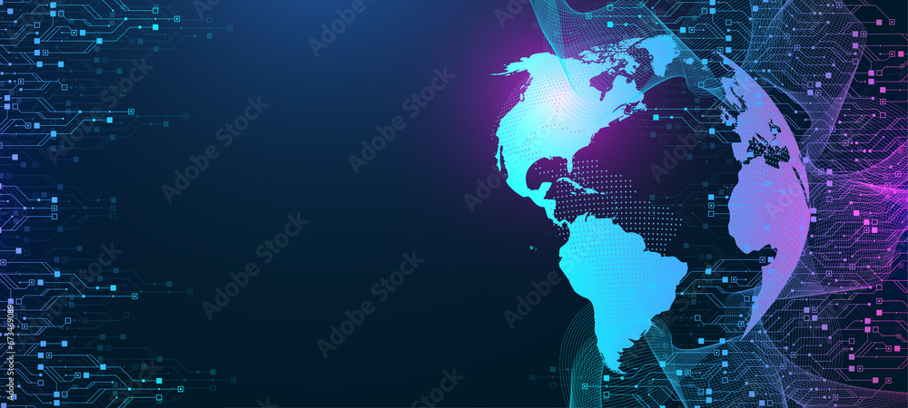 Fototapete Quantum technologies concept. Deep learning artificial intelligence. Circuit board texture background design. Big data algorithms visualization. Neural networks illustration.