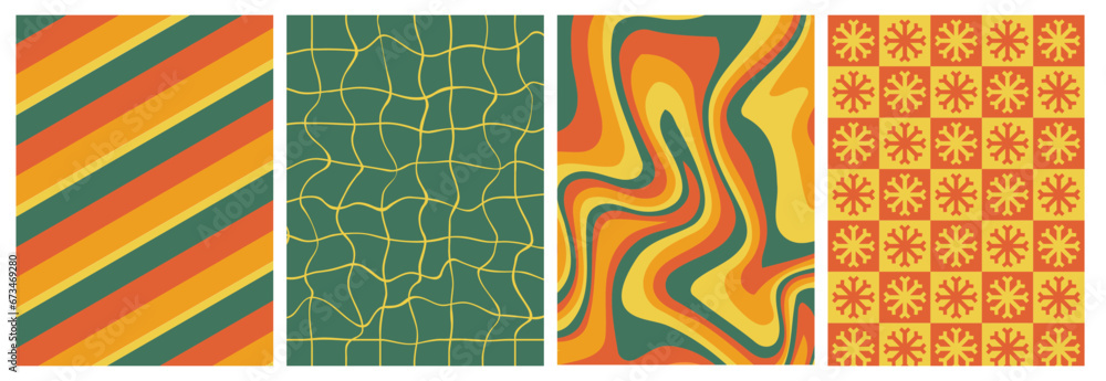 Poster groovy abstract set of background. xmas checkered backdrop with snowflake in 60s retro style. swirl 