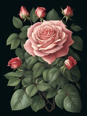 a painting of a pink rose with green leaves