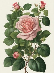 a painting of a pink rose with green leaves