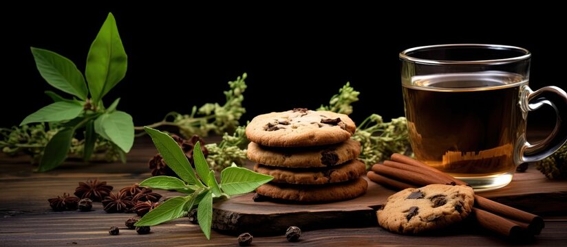 Delicious cookies and flavorful herbal tea arranged on a rustic wooden table