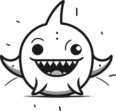 Black and white vector illustration of a cute cartoon shark on a white background