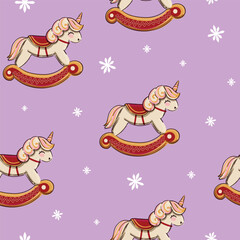 Vector seamless pattern rocking horses and unicorns. Vintage repeated texture with baby toys. Childish print for kids fabric and wrapping paper. Christmas ornament with snowflakes. 