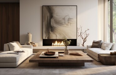 living room, oversized coffee table, fireplace and artworks