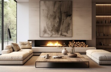 living room, oversized coffee table, fireplace and artworks
