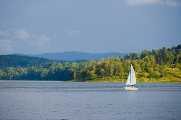 White sailboat sailing on the lake
