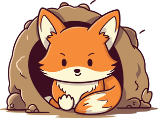 Cute cartoon fox sitting in a cave. Vector illustration of a cute fox.