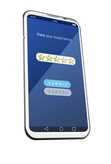 Five stars rating screen on smartphone. 3D illustration
