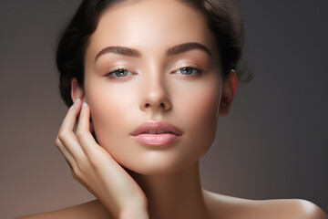 Beauty shot of young woman with brunette hair in front of one colored studio background