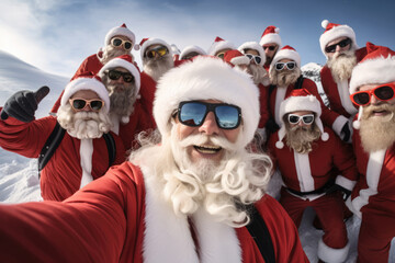 Group of Santa Clauses taking selfie. Ai generative art - obrazy, fototapety, plakaty