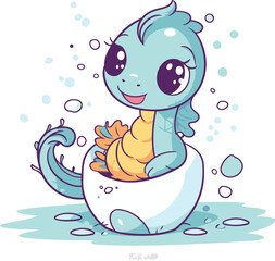 Cute blue seahorse in the egg. Vector illustration.
