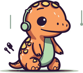 Cute dinosaur listening to music. Vector illustration in cartoon style.